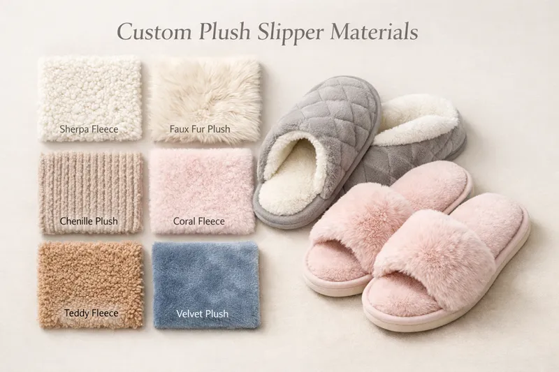 Custom plush slipper materials featuring sherpa fleece, faux fur plush, chenille plush, coral fleece, teddy fleece, and velvet plush