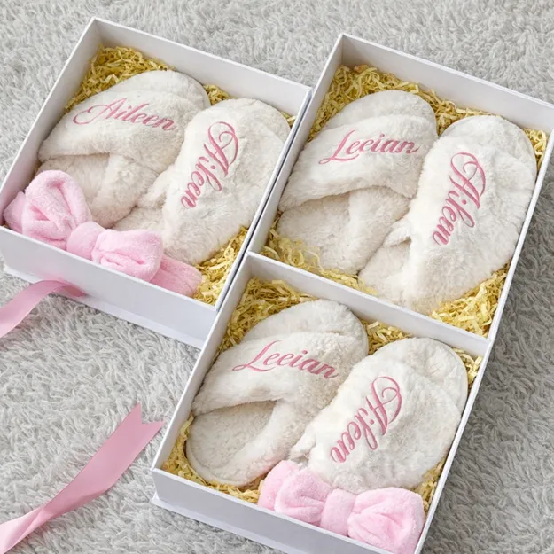 private label plush slippers with custom logo embroidery and gift box packaging