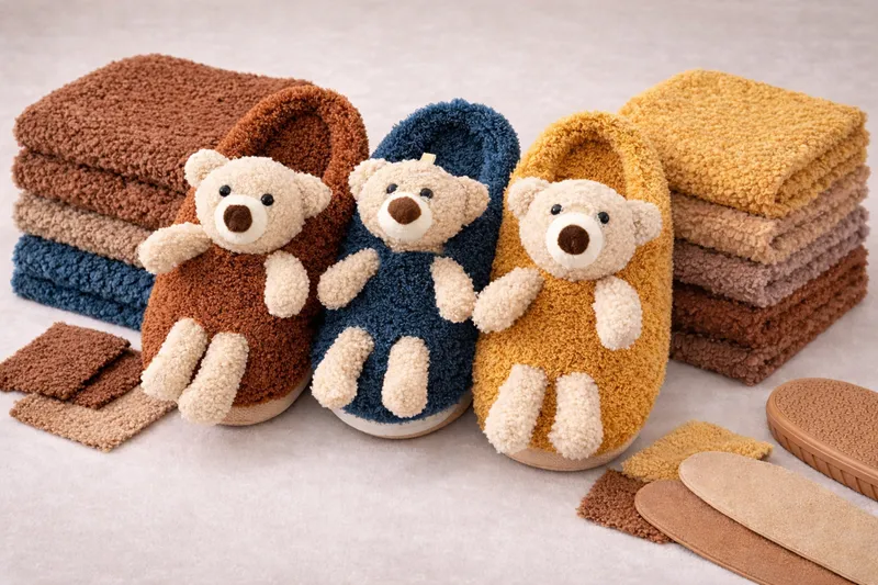 Teddy fleece slippers with matching fabric swatches, insole, and outsole for OEM custom slipper projects