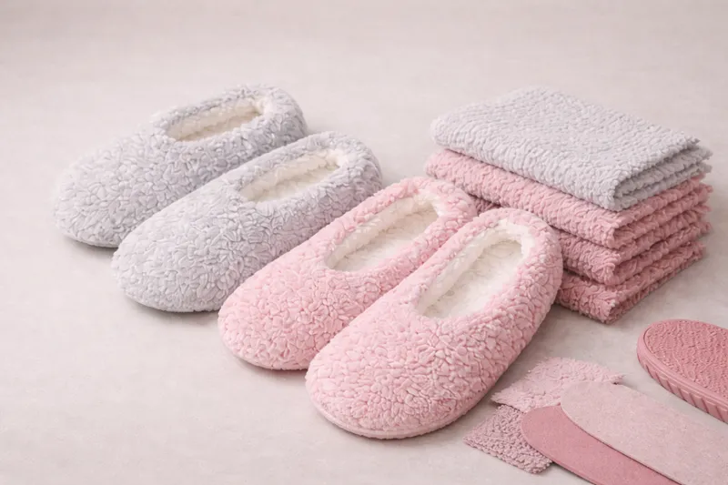 Chenille plush slippers with matching fabric swatches, insole, and outsole for OEM custom slipper projects