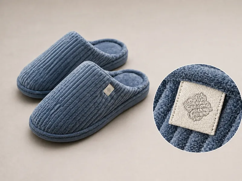 Damask woven label plush slippers with close-up detail