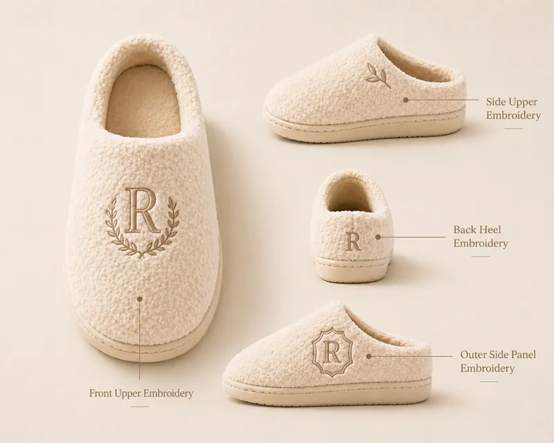 Embroidery logo placement guide for plush slippers