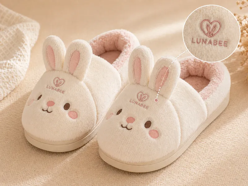 Flat embroidery bunny plush slippers