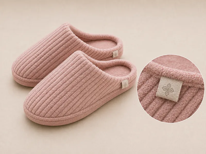 Folded hem tag woven label plush slippers with close-up detail