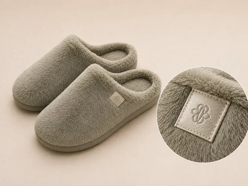 Satin woven label plush slippers with close-up detail