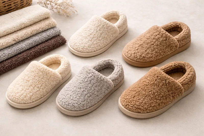Sherpa fleece plush slippers in multiple colors for custom slipper manufacturing
