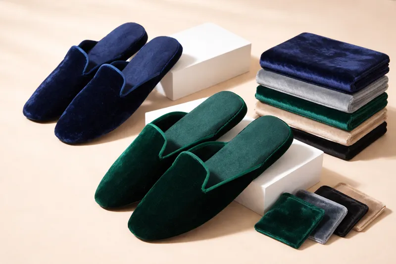 Velvet plush slippers with matching fabric swatches for OEM custom slipper projects