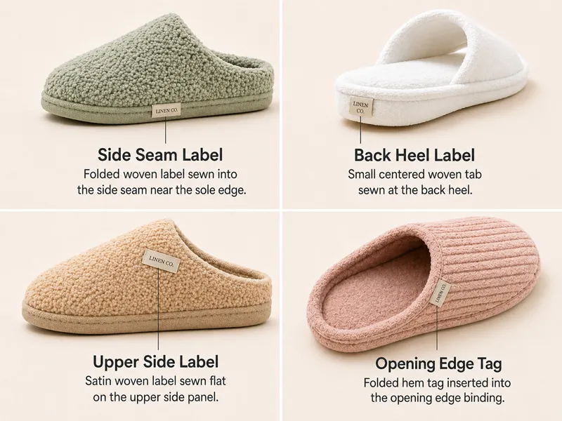 Woven label placement on plush slippers including side seam heel and upper