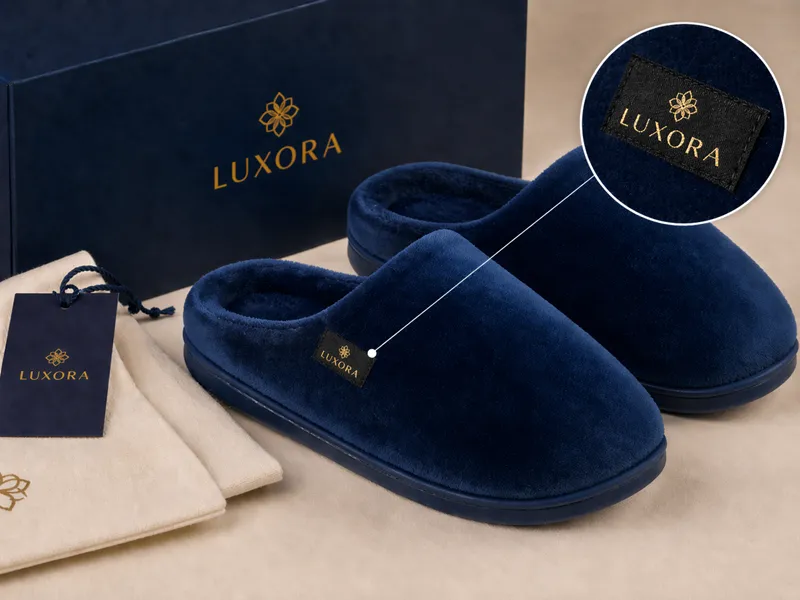 Custom woven label plush slippers for brand merchandise