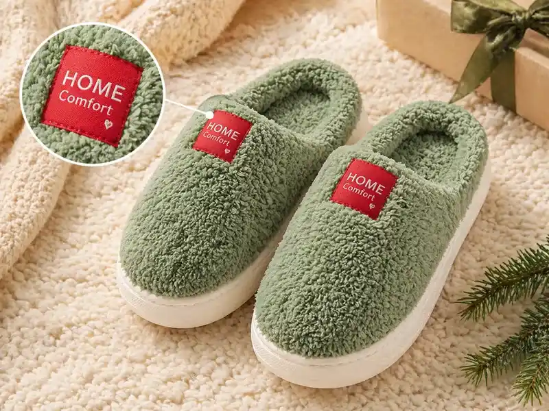 Plush slippers with woven label for winter gift projects