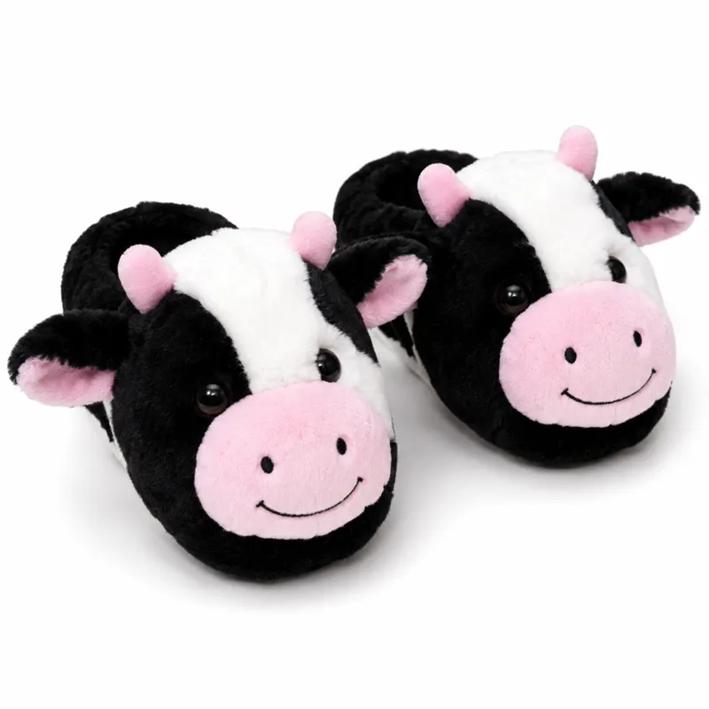 Black and white cow plush slippers