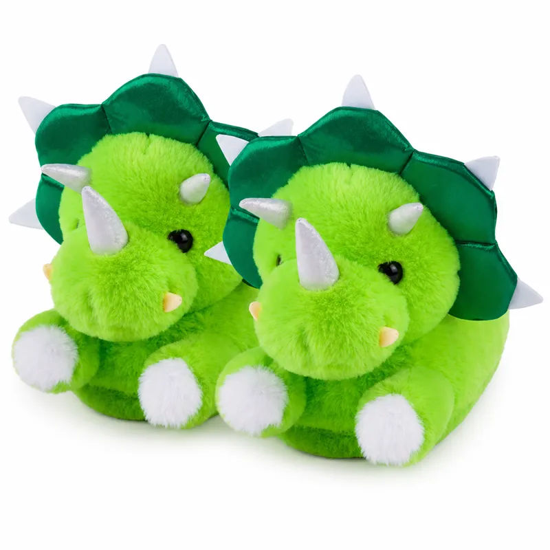 Custom green triceratops plush slippers
