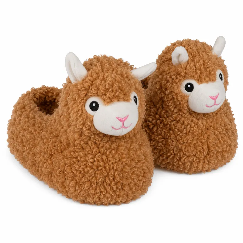 Brown curly llama plush slippers with cute animal face design