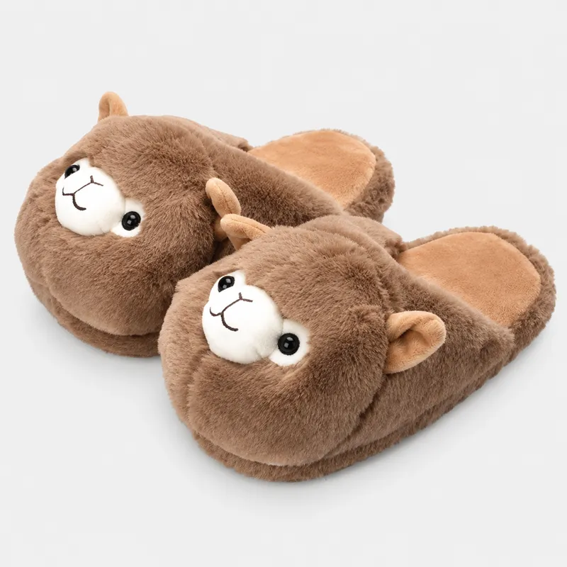 Brown fuzzy llama slippers with closed-toe plush animal design