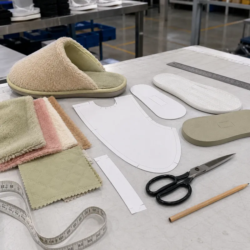 Custom plush slipper sample development with prototype slipper and factory materials