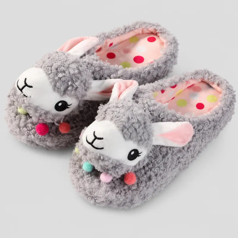Open-back gray fuzzy llama slippers with soft plush texture and cute animal face design