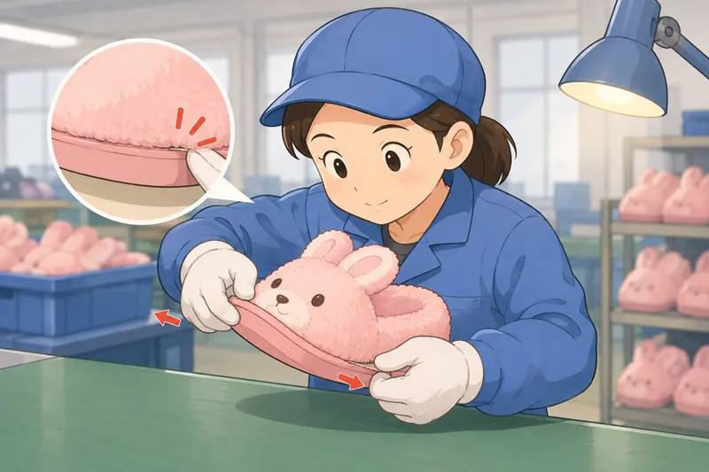 Worker gently checking the sole edge of a plush slipper during factory in-house quality inspection