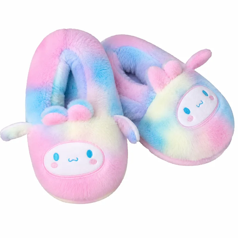 Pastel rainbow llama plush slippers with soft fuzzy texture and cute character face design