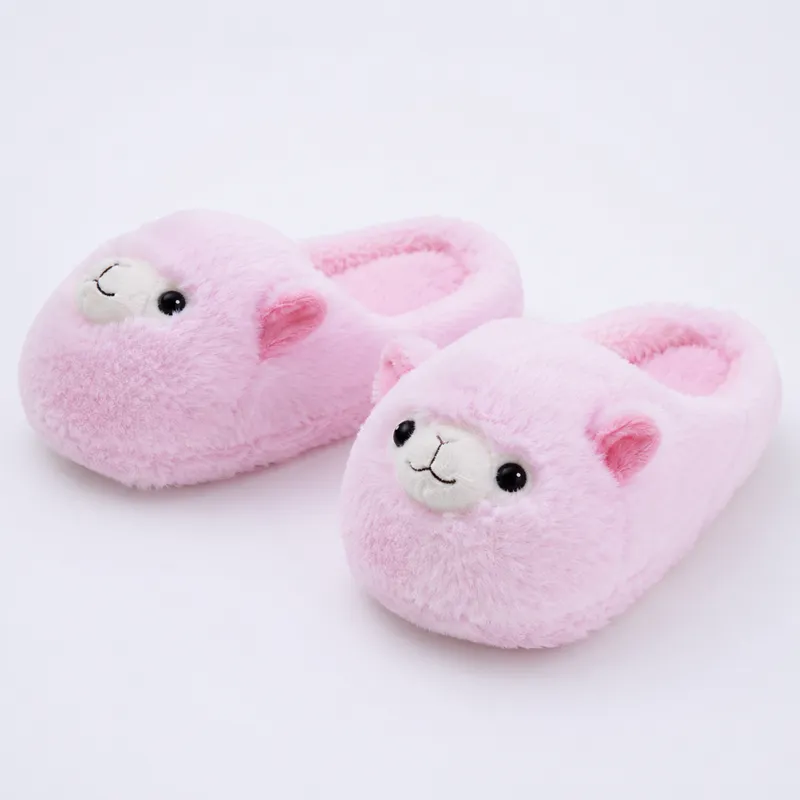 Pink fuzzy llama slippers with cute plush animal face design