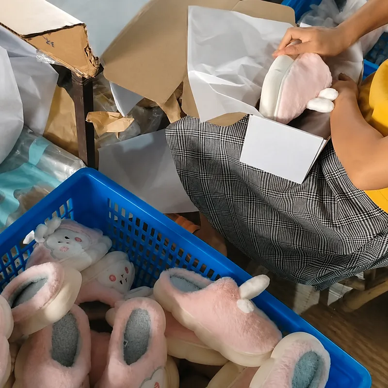 Finishing quality control and packing for plush slippers