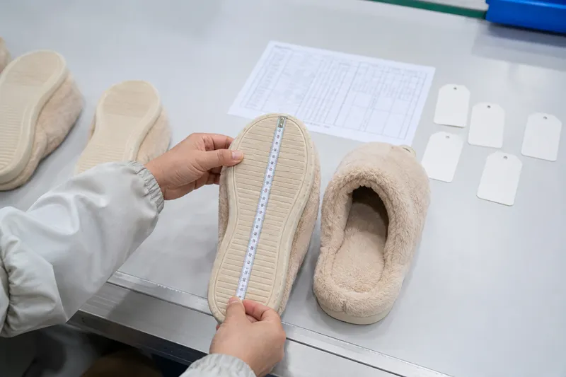 Size measurement inspection for custom plush slippers before bulk order packing