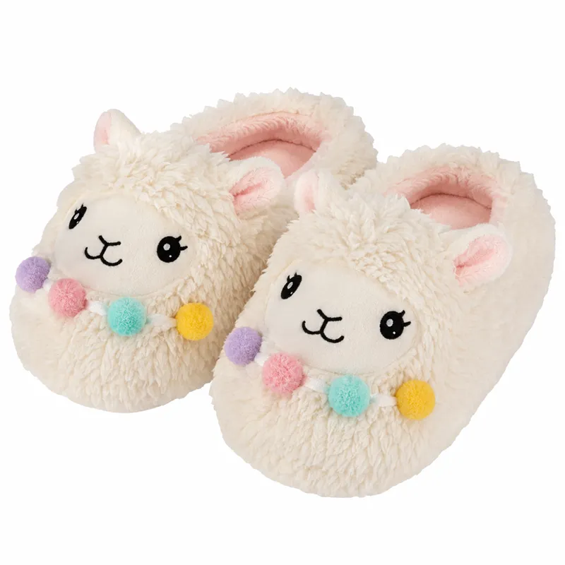White pom-pom llama plush slippers with fuzzy texture and cute animal face design