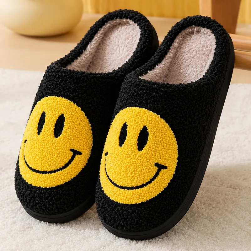 Black smiley plush slippers
