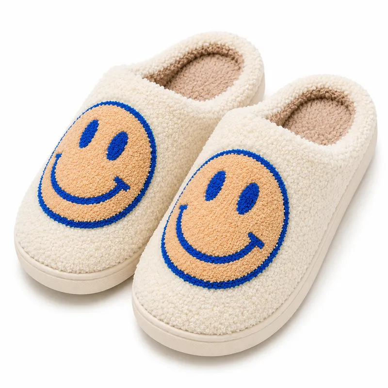 Cream blue smiley plush slippers