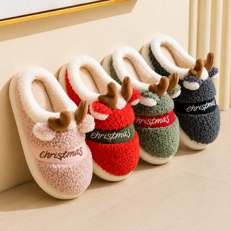 Custom reindeer Christmas plush slippers in multiple colors
