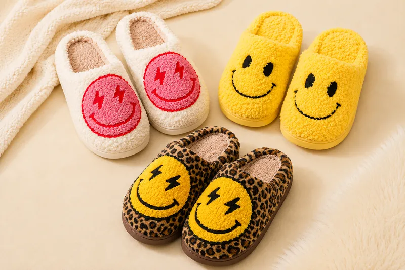Custom smiley face plush slippers for wholesale and private label projects