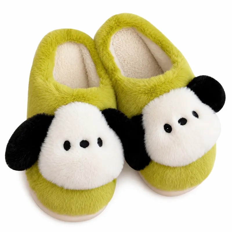 Dog plush slippers showing rounded muzzle and soft ear stuffing
