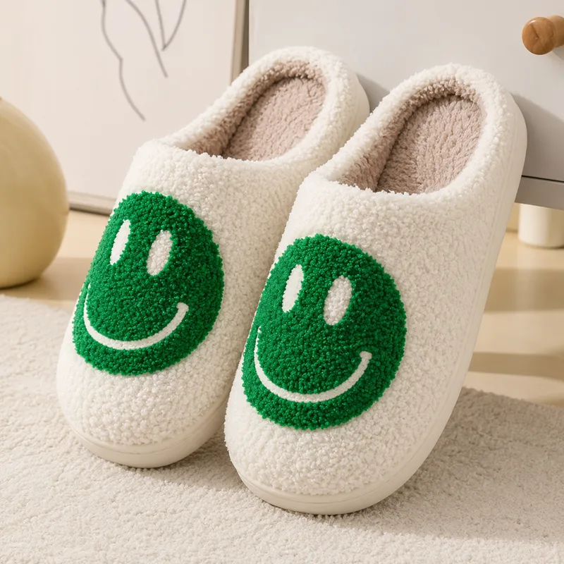 Green smiley plush slippers