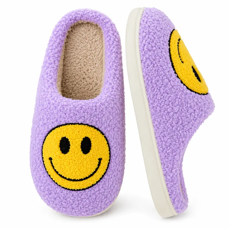 Purple smiley plush slippers