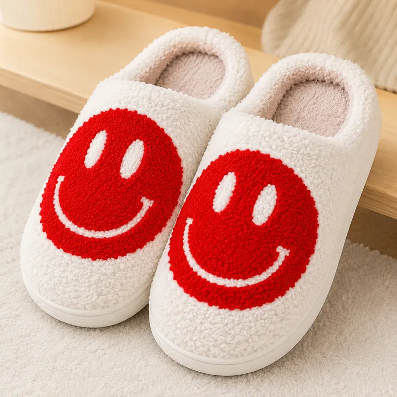Red smiley plush slippers