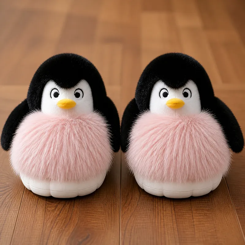 Matching character features and placement across a pair of plush slippers