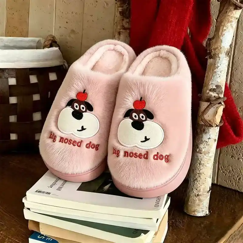 Custom character face plush slippers with embroidery and appliqué